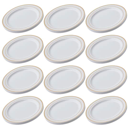 12 Packs: 10 ct. (120 total) 10.3" Round Banquet Plates with Gold Trim by Celebrate It™
